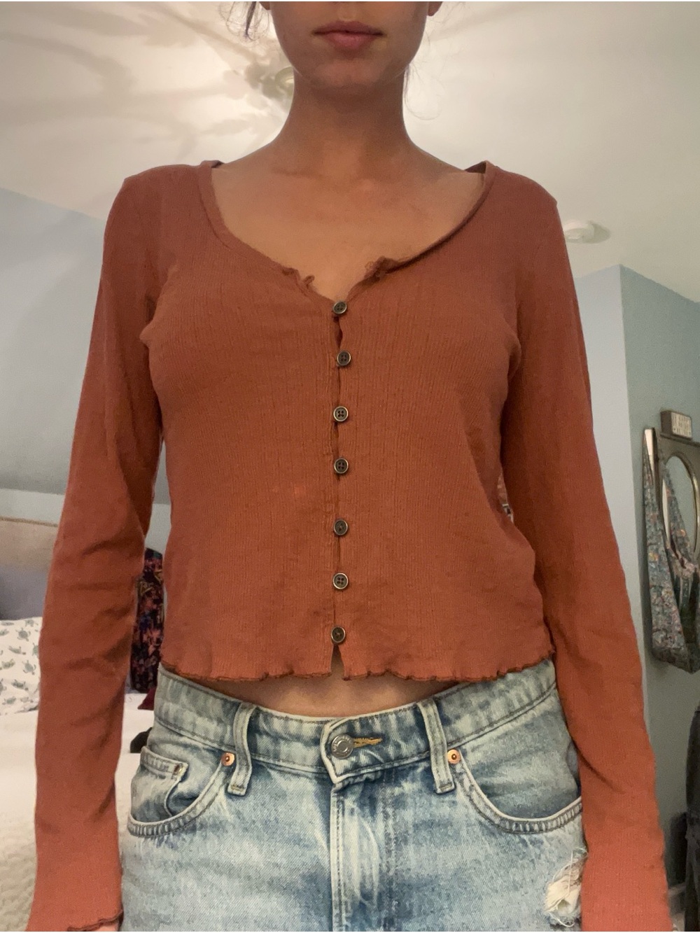 American Eagle Ribbed Button-Front Long Sleeve Top in Rust
